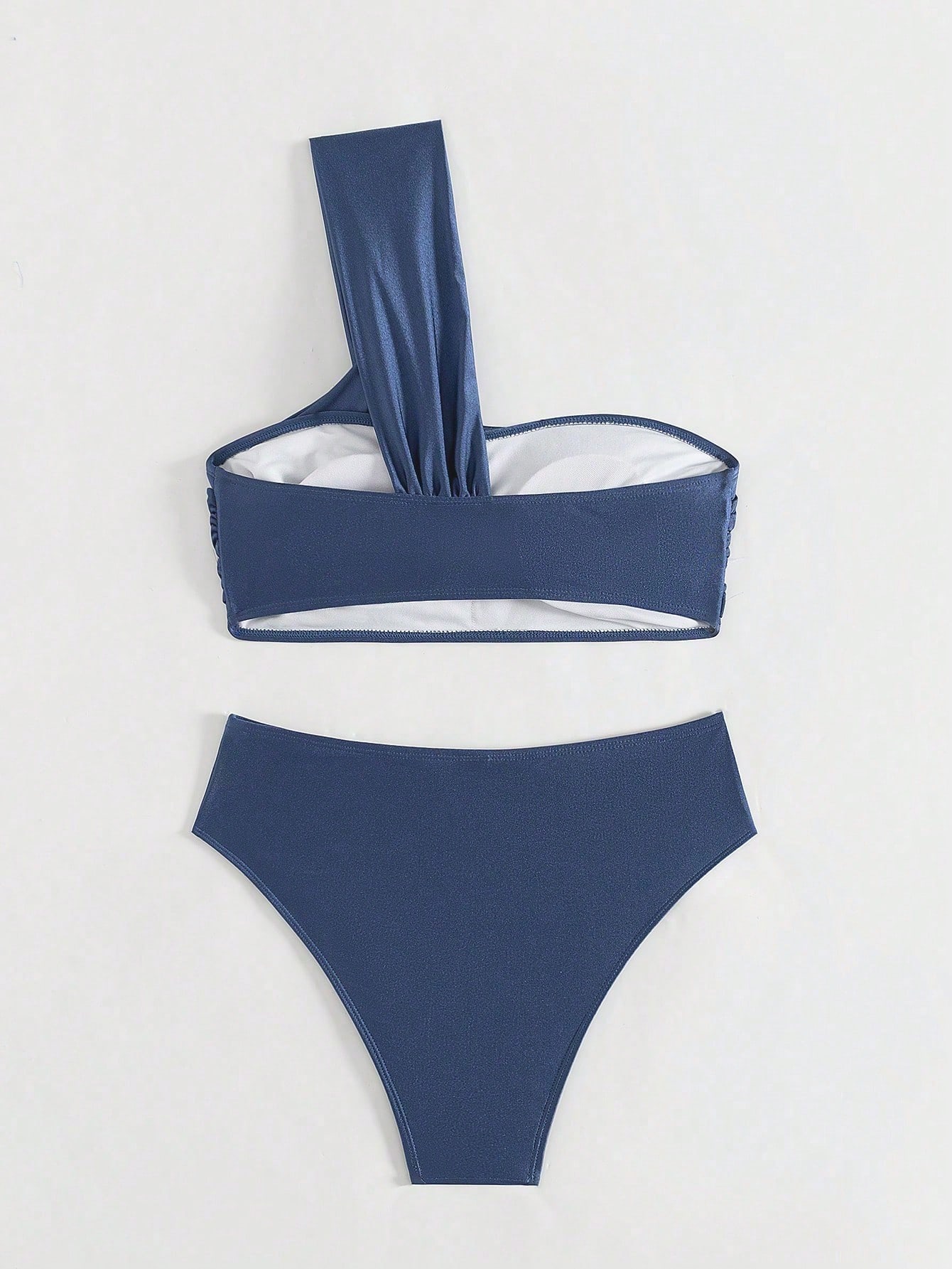 SHEIN Swim Conjunto de Maiô Bikini Separado Sexy de Um Ombro com Nó Torcido na Cor Sólida de Verão para Mulheres - Azul Empoeirado - Visão 4