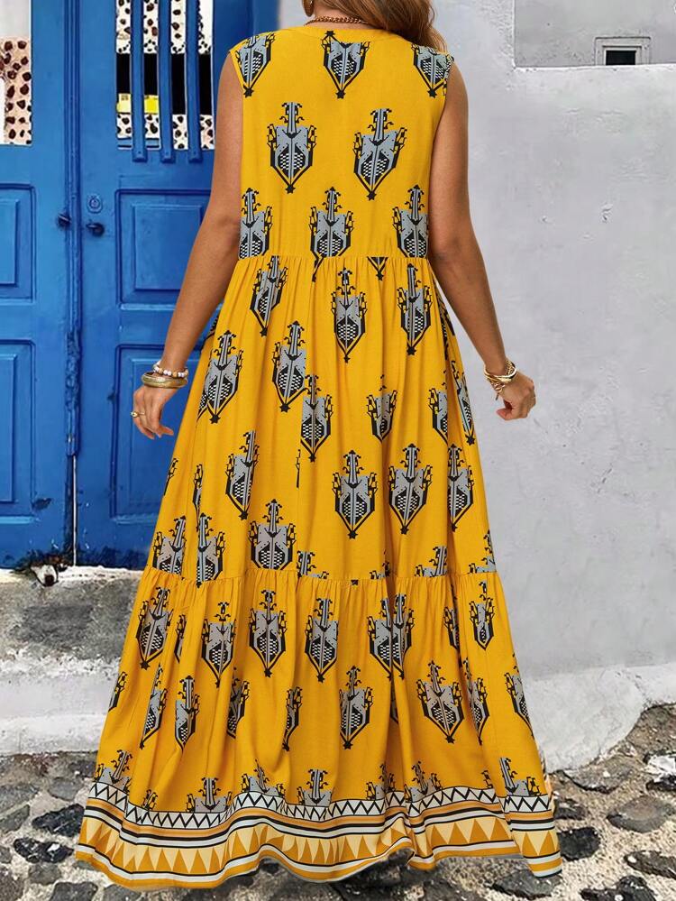 Women Plus Size Vacation Boho Country Allover Print Tie Neck Flutter Hem Sleeveless Casual Dress Spring Outfits For Women Summer Outfits For Women