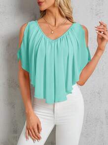 SHEIN Clasi Women's Solid Color Ruffled Off Shoulder Loose Casual T-Shirt - Mint Blue - View 1