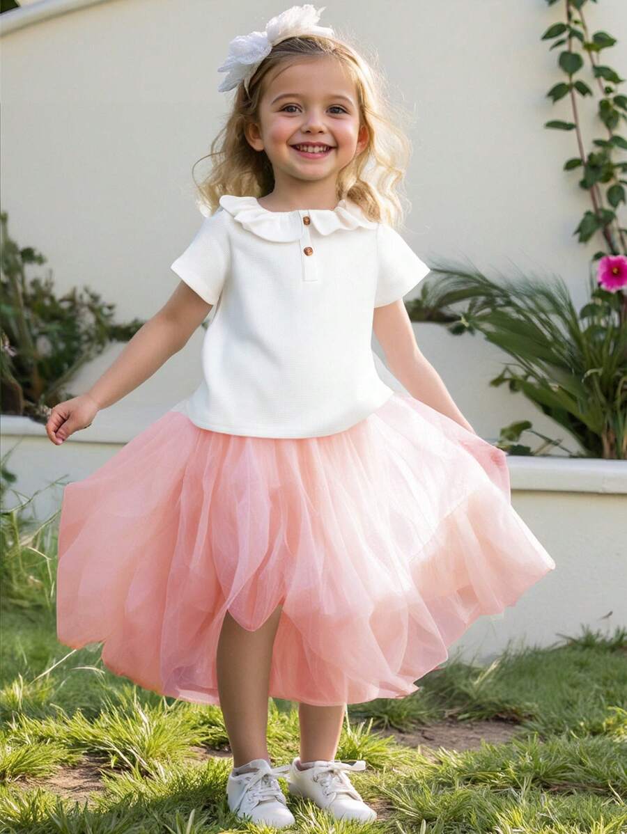 SHEIN Girl's French Sweet Style T-Shirt, White Short Sleeve Top With Waffle Ruffled Collar Half-Button Design, Casual Minimalist Daily Wear - White - View 1