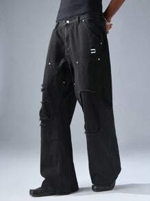 NEON BLANC 男士街头风格宽松编织刺绣牛仔长裤 - 黑色 - 查看 3