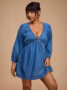 Forever 21 New Summer V-Neck Loose A-Line Casual Comfortable Resort Beach Plus Size Women Denim Dress - Baby Blue - View 3