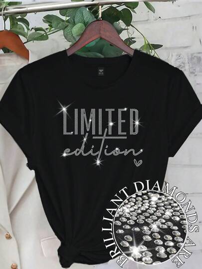 SHEIN CURVE+ Plus Size Casual Letter LIMITED Edition T-Shirt Hot Diamond Pattern Round Neck Top Casual Graphic Tees Women Tops