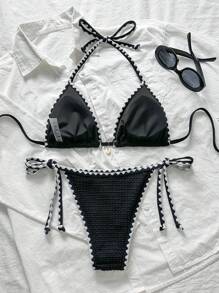 Swim Mod Bộ bikini 2 mảnh đi biển mùa hè cho nữ, vải jacquard màu trơn có viền xếp nếp và dây buộc vai - màu đen - Xem 2