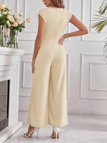 SHEIN Clasi Mono elegante para mujer de unicolor, con cuello redondo, mangas de murciélago y bolsillos, pierna ancha