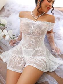 2pcs Bridal Strapless Ruched Ruched Bust Ruched Nightgown And Thong Panties Set, Romantic Countryside Sexy Lingerie For Women - White - View 4