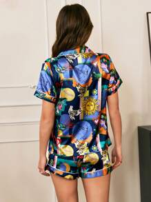 时尚斋月印花缎面翻领女士睡衣套装