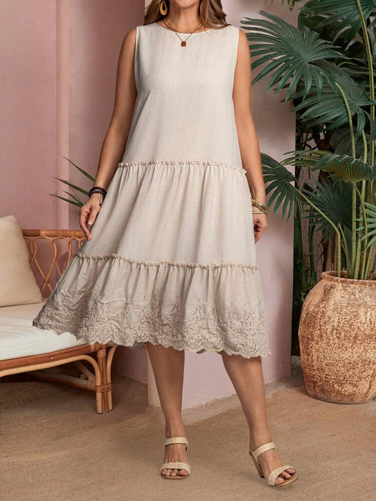 Plus Size Round Neck Ruffle Trim Sleeveless Casual Vacation Dress,Summer Clothes,Vacation Outfits Woman / Vacation,Boho Women Clothing