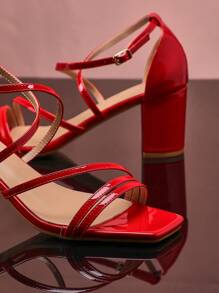 SHUZIA Open Toe Square Heeled Sandals Simple Fashionable Daily Casual Practical Wedding Shoes - Burgundy - View 5