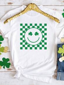SHEIN Tween Girls Creative Checkerboard, Smiling Face & Clover Print Casual Basic Short Sleeve T-Shirt