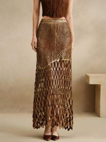 Anewsta 女士镂空金箔针织优雅度假中长裙 - 咖啡棕 - 查看 3