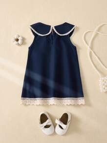 Souflis Souflis Baby Girl Sleeveless Ruffle Collar A-Line Hem Cute Navy Blue Dress, Summer