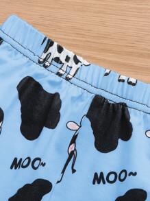 SHEIN 女童可爱奶牛印花休闲时尚睡衣 - 藍色 - 查看 4