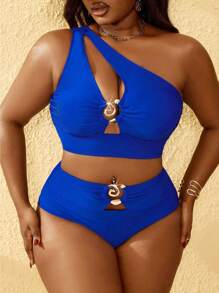Slaydiva Plus Size Women 2pcs Set One Shoulder Hollow High Waist Tankini Swimwear, Summer Beach Vacation - Royal Blue - View 3