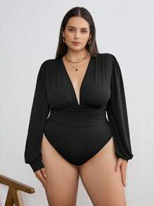 SHEIN Tall CURVE Plus Size Women Black Solid Color Ruffled Lantern Sleeve Adult Bodysuit, Summer Outfits For Women, Concert Outfit Women, Rave Outfits Festival, Streetwear For Women, Graduation Outfit Women - Black - View 4