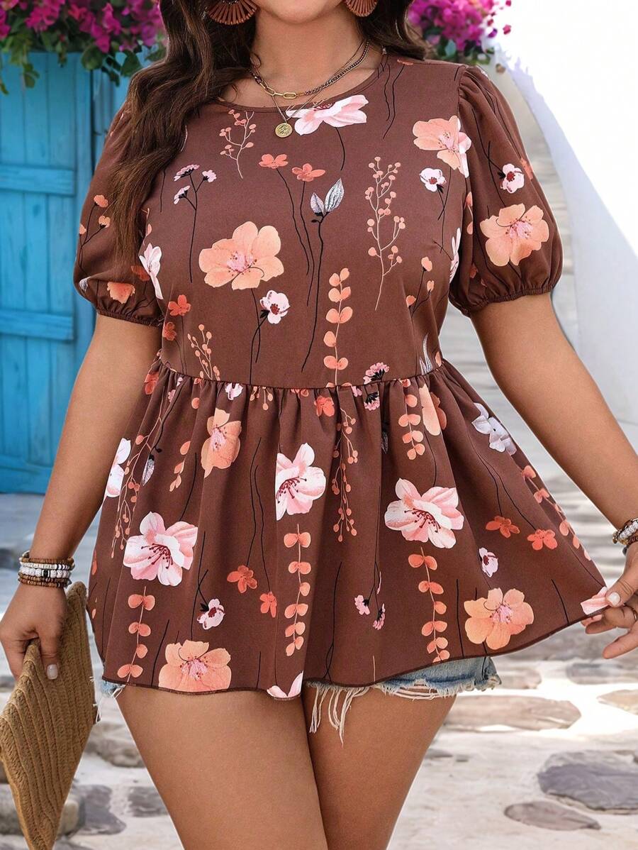 SHEIN LUNE Plus Size Women Round Neck Short Sleeve Puff Blouse, Summer - Brown - View 1