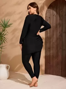 Swim Mulvari 2pcs Plus Size Women Solid Color Modest Middle East Style Long Sleeve & Long Pants Bikini Swimsuit Set, For Summer Beach Vacation - Black - View 3