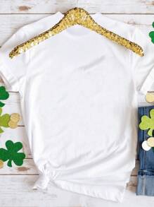 SHEIN Tween Girls Creative Checkerboard, Smiling Face & Clover Print Casual Basic Short Sleeve T-Shirt