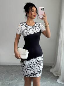 Elenzga 标准尺寸女式圆领蕾丝拼布刺绣收腰修身连衣裙