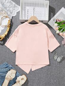 SHEIN Tween Girl Loose Cute Round Neck Pullover Split Ruffle Hem Short Sleeve T-Shirt - Baby Pink - View 2