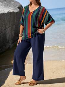 EMERY ROSE Plus Size Women's Raglan Sleeve Colorful Striped V-Neck Loose Shirt And Blue Pants Island Vacation Two-Piece Set Spring And Summer - Multicolor - View 6