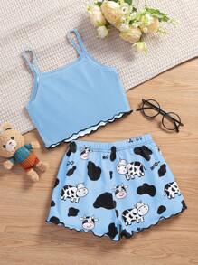 SHEIN 女童可爱奶牛印花休闲时尚睡衣 - 藍色 - 查看 2