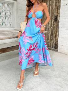 SHEIN VCAY Women's Vacation Sexy Plant Print Halter Backless Mid-Length Dress,Elegant, Women Dresses Vacation, Resort Dresses For Women, Women Clothing Summer Dresses, Beach Dresses For Women,Tropical Vacation Woman Clothes,Vacation - Blue - View 6