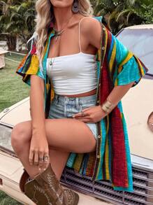 Breezaya 标准尺寸女式条纹图案印花领休闲度假音乐节直筒迷你连衣裙 - 彩色 - 查看 3