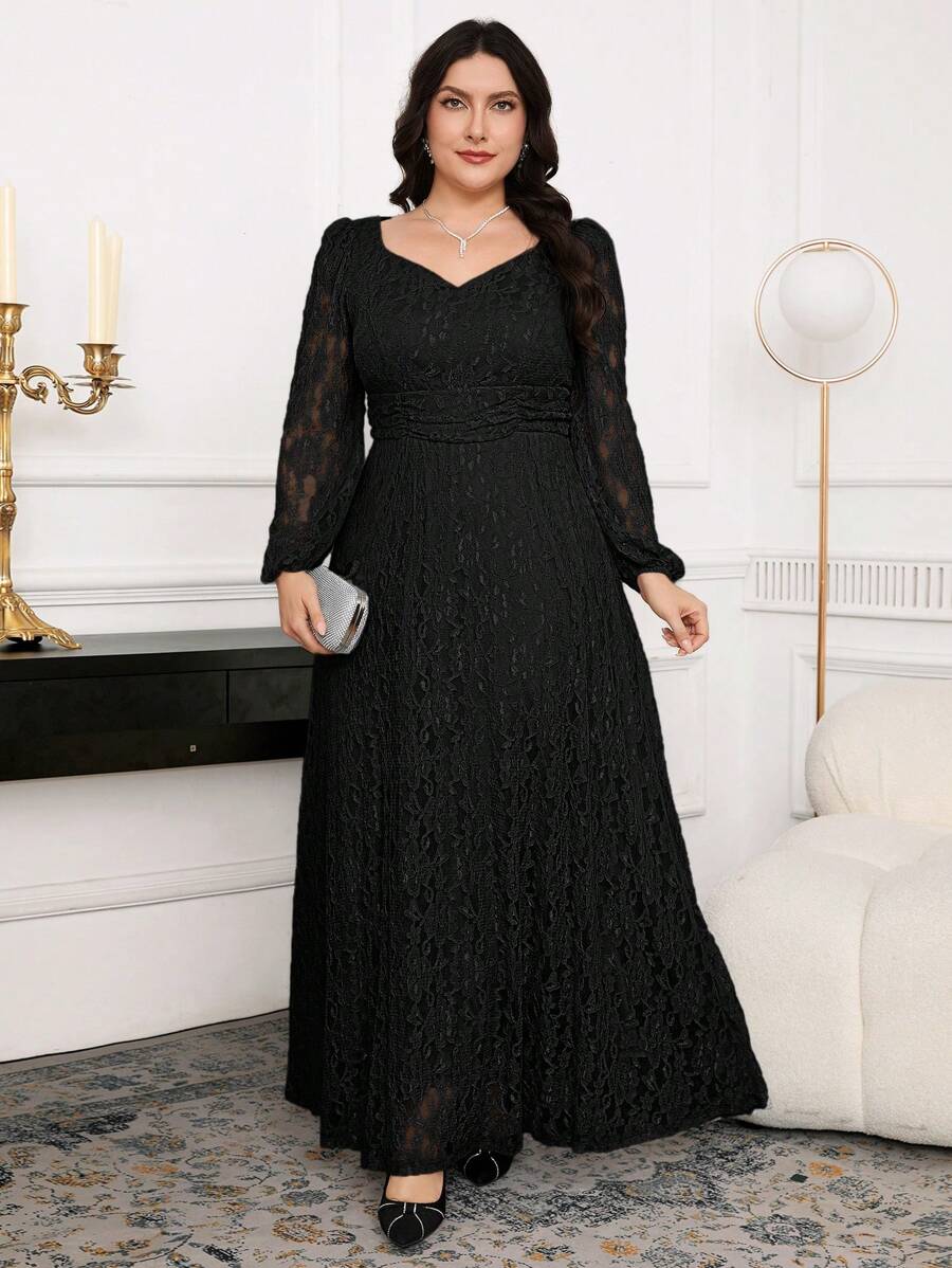 Modelyn Vestido con cuello de corazón, mangas de globo y fruncidos de encaje, talla grande y elegante - Negro - Ver 1