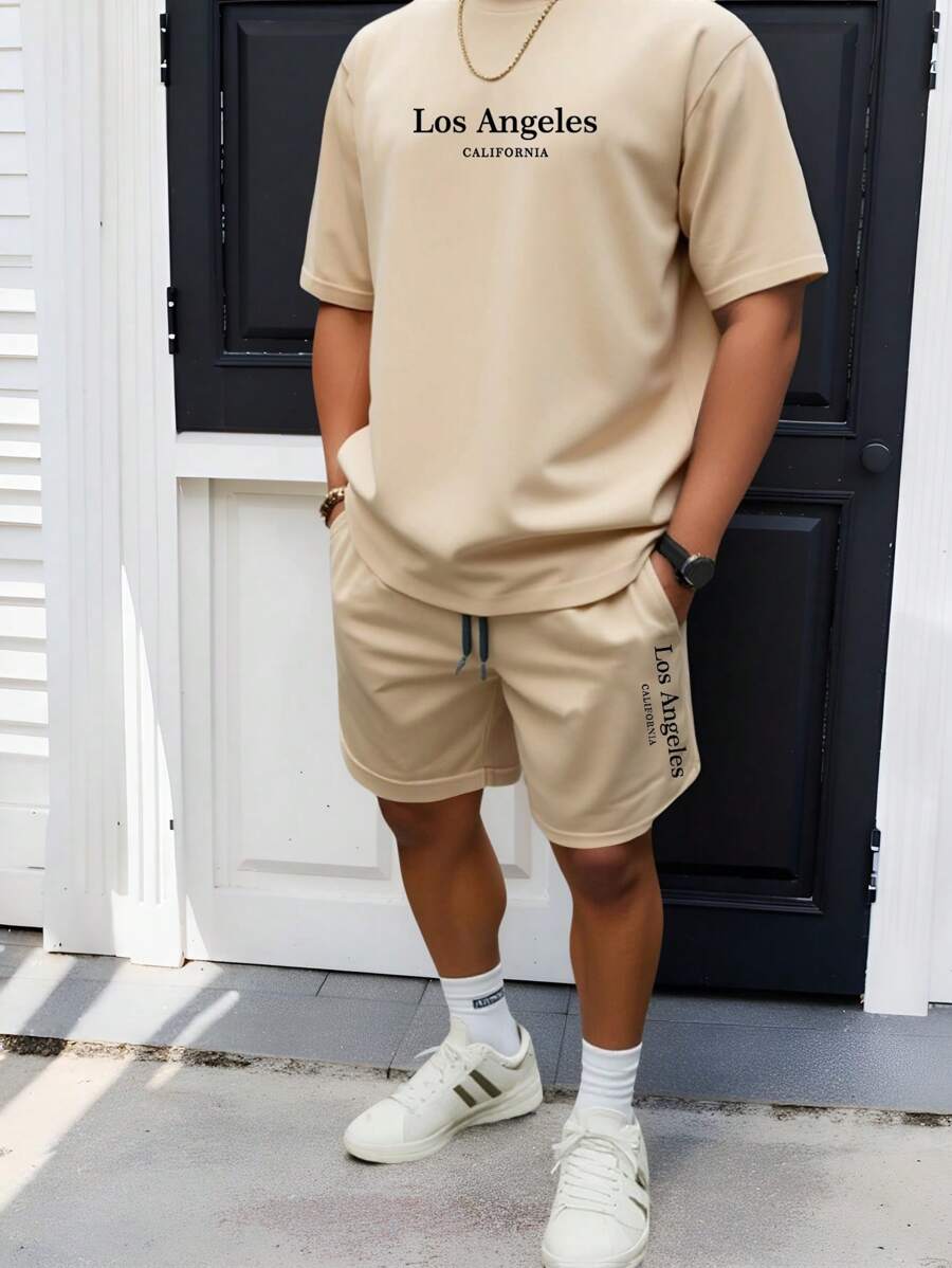 Manfinity Hypemode 2pcs Standard Men Khaki Color T-Shirt And Shorts Set, Minimalist Letter Design And Drawstring - Khaki - View 1