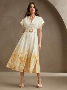 Anewsta Vestido elegante de festival para mujer, diseño de cuello con estampado floral, vestido camisa con cinturón de una sola hilera para fiestas, citas, primavera y verano