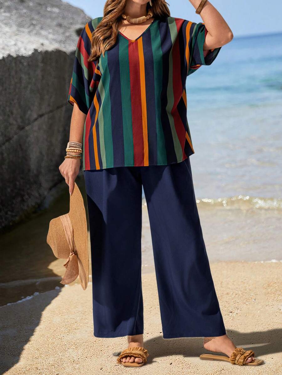 EMERY ROSE Plus Size Women's Raglan Sleeve Colorful Striped V-Neck Loose Shirt And Blue Pants Island Vacation Two-Piece Set Spring And Summer - Multicolor - View 1