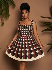 Maweii Plus Size Square Neck Geometric Circle Ombre A-Line Camisole Dress - Multicolor - View 1