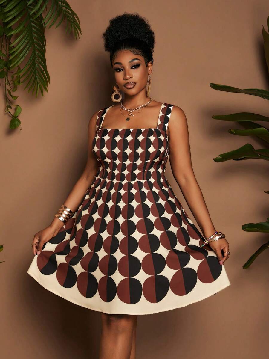 Maweii Plus Size Square Neck Geometric Circle Ombre A-Line Camisole Dress - Multicolor - View 1