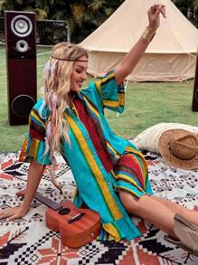 Breezaya 标准尺寸女式条纹图案印花领休闲度假音乐节直筒迷你连衣裙 - 彩色 - 查看 5