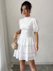 Elenzga Women Short Puff Sleeve Embroidered Collar Mini Dress - White - View 4