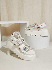 SHUZIA Women Minimalist Double Buckle Mesh Woven Wedge Sandals With Thick Sole & High Heel Spring Shoes Spring Break Easter - White - View 1