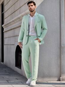 Manfinity Mode Men's Solid Color Lapel Collar Casual 2 Pieces Suit Set (Jacket & Pants) Prom Suit For Men Blazer For Men - Mint Green - View 2