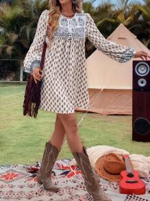 LanaWest Women Patterned Drawstring Wooden Bead Decor Color Block A-Line Mini Dress With Lantern Sleeves, Casual - Multicolor - View 4