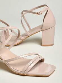 SHUZIA Fashion Elegant Open Toe Square Heeled Sandals Wedding Shoes - Beige - View 5