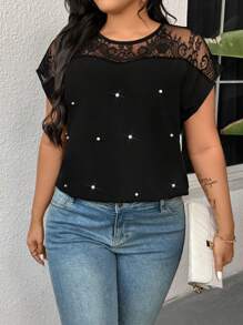 SHEIN LUNE Plus Size Women T-Shirt With Mesh & Lace Trim, Casual Fashionable Design Suitable For Summer - Black - View 5