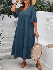 EMERY ROSE Plus Size Women's Deep V-Neck Ruffle Sleeve Multi-Tiered Hem Long Yellow Dress For Summer - Dusty Blue - View 4