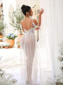 طقم قطعتين: فستان قطعة من الدانتيل + سروال داخلي، ملابس نوم نسائية بطباعة زهور رومانسية، مناسبة للزفاف - أبيض - مشاهدة 2