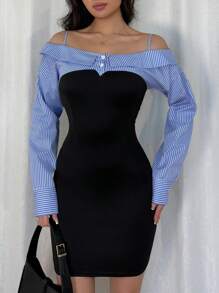 Elenzga Women's Summer Outing Vacation Party Date Ramadan Festival Music Festival Wedding Elegant Fashion Knit Splice Striped Blue Black Open Shoulder Spaghetti Strap Long Sleeve Lantern Sleeve 2 In 1 Cinched Waist Fitted Short Dress - Black - View 1