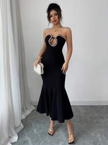 Elenzga Women's Rhinestone Decor Strapless Hollow-Out Fishtail Hem Elegant Dress - Black - View 4