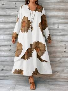 EMERY ROSE Plus Size Women Floral Printed Casual Dress, Minimalist Fashion Suitable For Summer - White - View 2