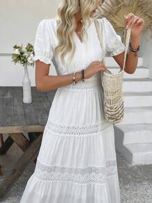 Breezaya Robe femme couleur unie avec empiècement en dentelle, col V et manches courtes