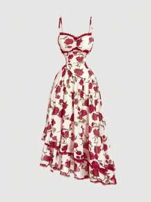 SHEIN MOD Lace Collar Ruffle Trim Rose Floral Print Cinched Waist Asymmetrical Hem Slip Dress,Hippie,Streetwear , Rave, Boho,Concert ,Graduation ,Romantic ,Summer ,Festival,Vintage,Date Night ,Tropical , Elegant,Vacation ,Party,Flowy ,Ruffle ,Tea Party ,Modest ,Prom ,Formal ,Floral,Club Outfits Women Dress - Multicolor - View 1
