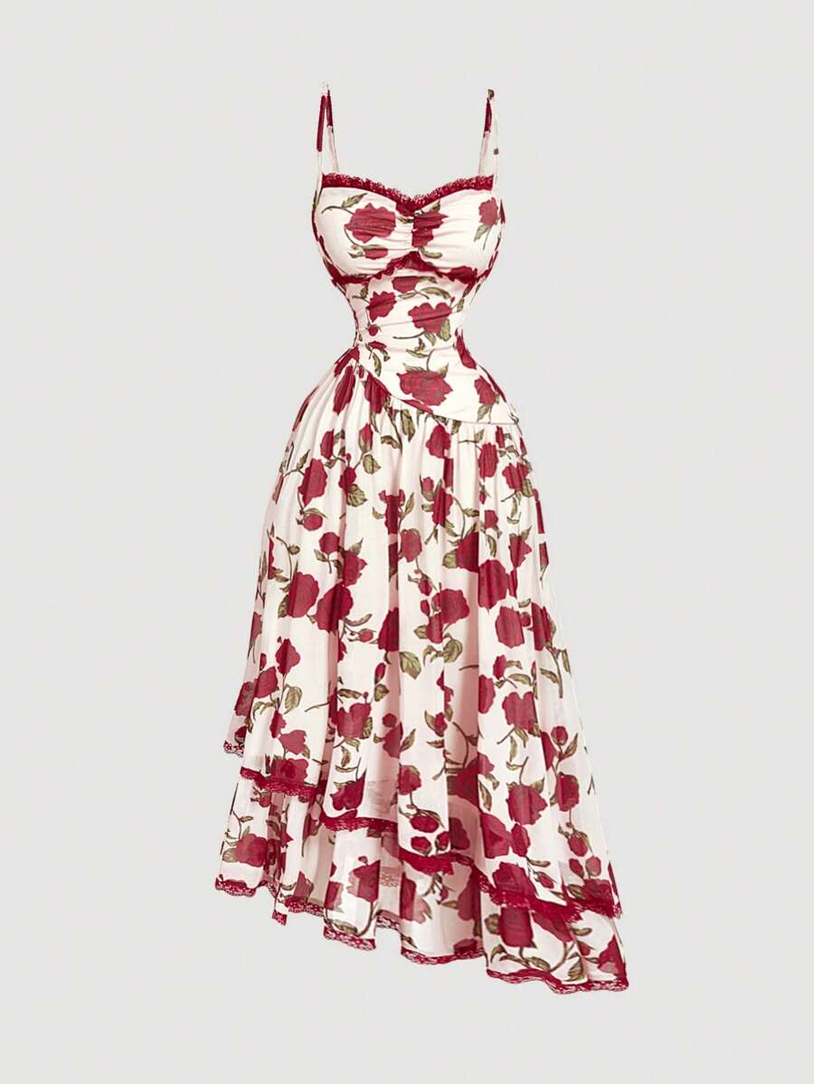 SHEIN MOD Lace Collar Ruffle Trim Rose Floral Print Cinched Waist Asymmetrical Hem Slip Dress,Hippie,Streetwear , Rave, Boho,Concert ,Graduation ,Romantic ,Summer ,Festival,Vintage,Date Night ,Tropical , Elegant,Vacation ,Party,Flowy ,Ruffle ,Tea Party ,Modest ,Prom ,Formal ,Floral,Club Outfits Women Dress - Multicolor - View 1