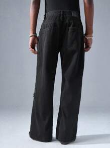 NEON BLANC 男士街头风格宽松编织刺绣牛仔长裤 - 黑色 - 查看 4